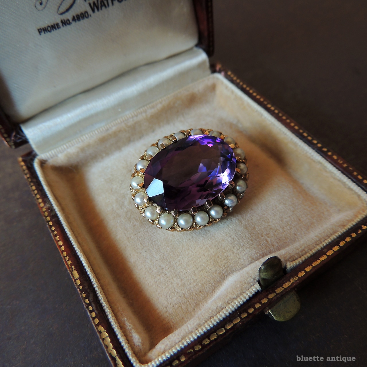 英国ヴィンテージジュエリー 9ctゴールド 天然アメシスト 真珠 レースピン ブローチ(ソーティングメモ付)