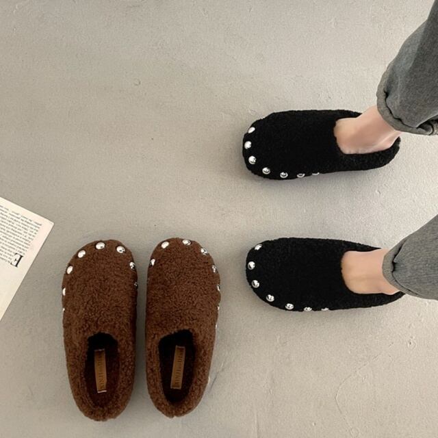 【予約販売】ボアスリッポン スリッパ レディース ブラック ブラウン ベージュ パール 防寒 カジュアル 可愛い トレンド 靴 お洒落 韓国 秋 冬 22.5cm/23cm/23.5cm/24cm/24.5cm/25cm