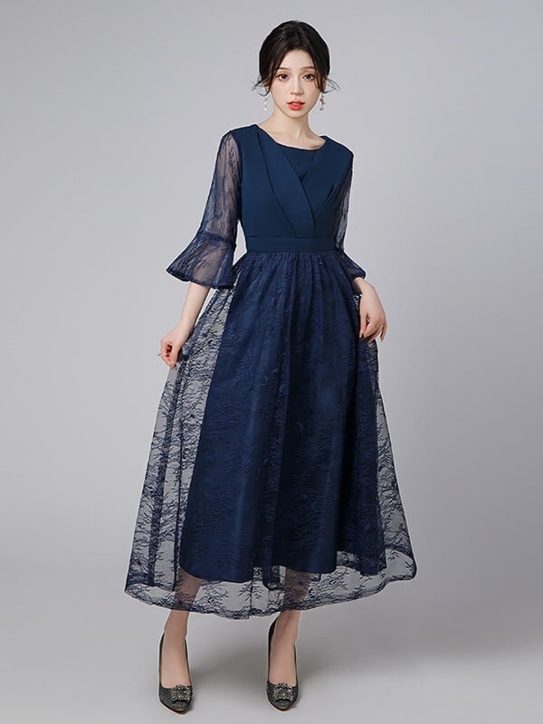 カシュクールネック シアーレースミディ丈ドレスV05083