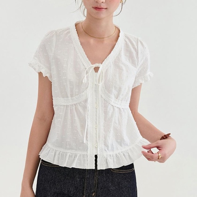 dobby dot tie-front blouse