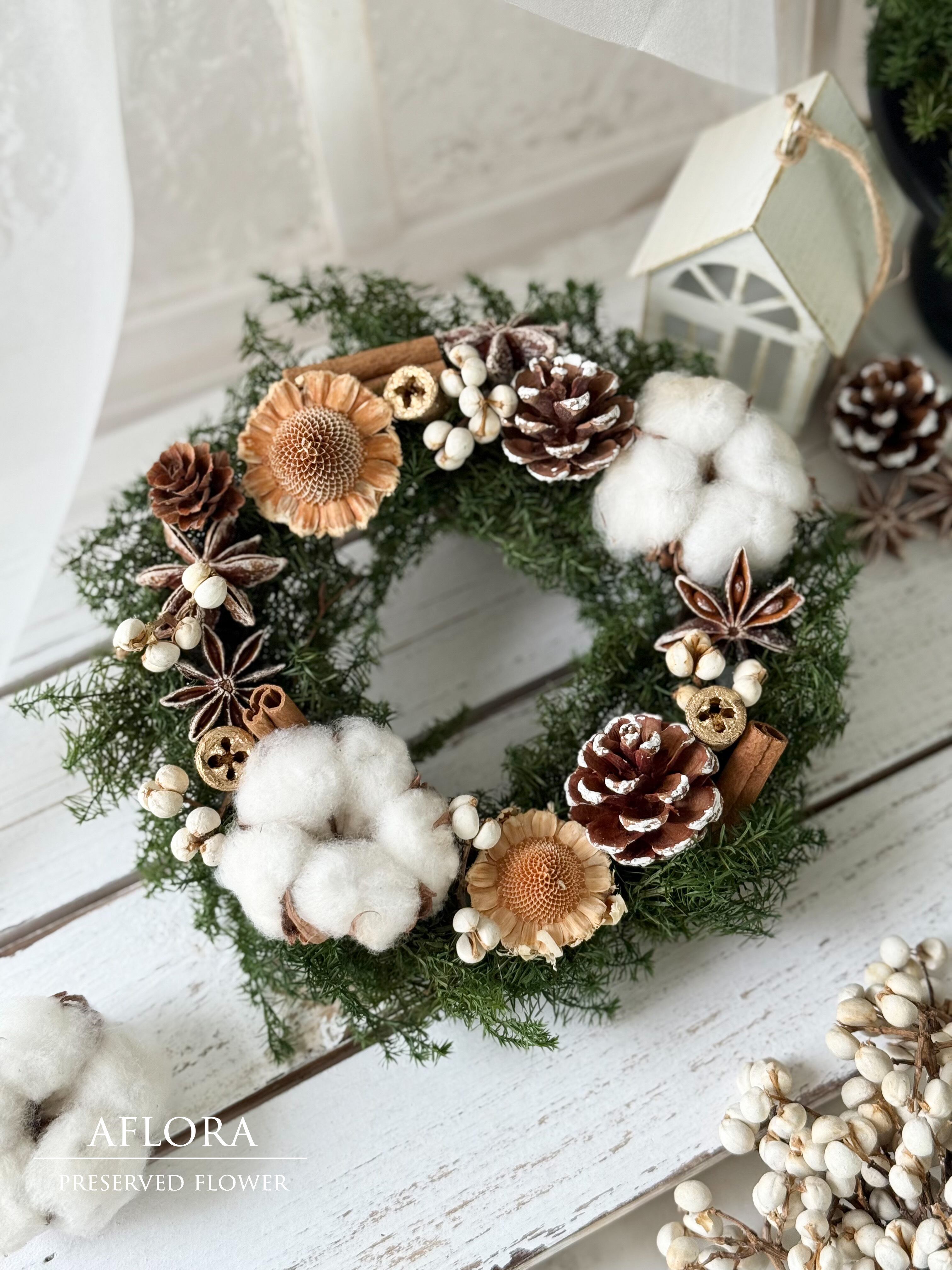 クリスマスリース ナチュラルリース ドライフラワー シナモン 綿の実