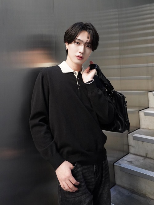 【ALUDE SELECT】Bicolor contrast long sleeve polo knit(2color)