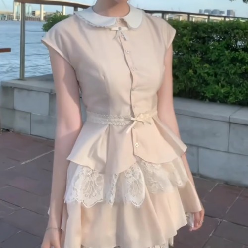 【2点セット】ラウンドカラーペプラムブラウス＋レースティアードミニスカ ・69774