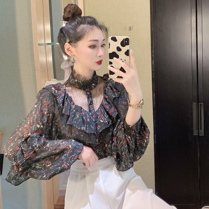 薄手カラーシフォンフローラルブラウス オータムメッシュルーズトップス ロング 秋物 花柄 ステッチ ガールズファッション91974560987