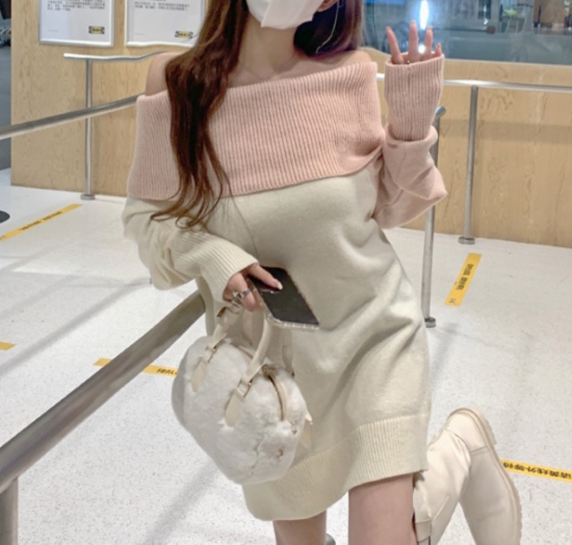 デザイン性抜群 フェイクインナー ゆったり 無地 ニットワンピース ミニ 肩出し