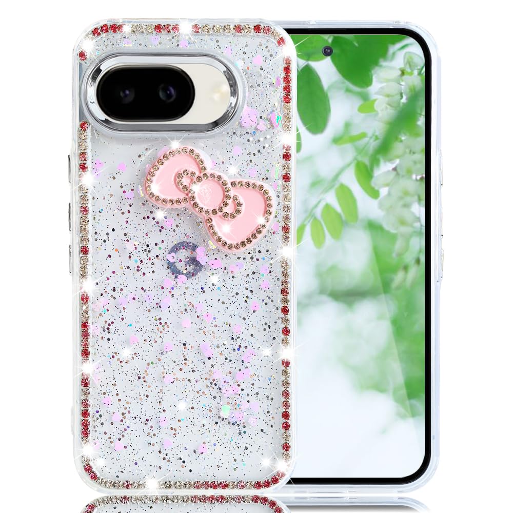 YUYIB スマホケース 対応 Google Pixel 9a クリアケース 透明 キラキラ ドリル フラッシュ リボン ハート かわいい TPU 傷防止背面 滑り止め 衝撃吸収 おもしろい キャラクター ストラップ穴 グルピクセル9a 携帯電話カバー (ピンク-レッド, Pixel 9a)