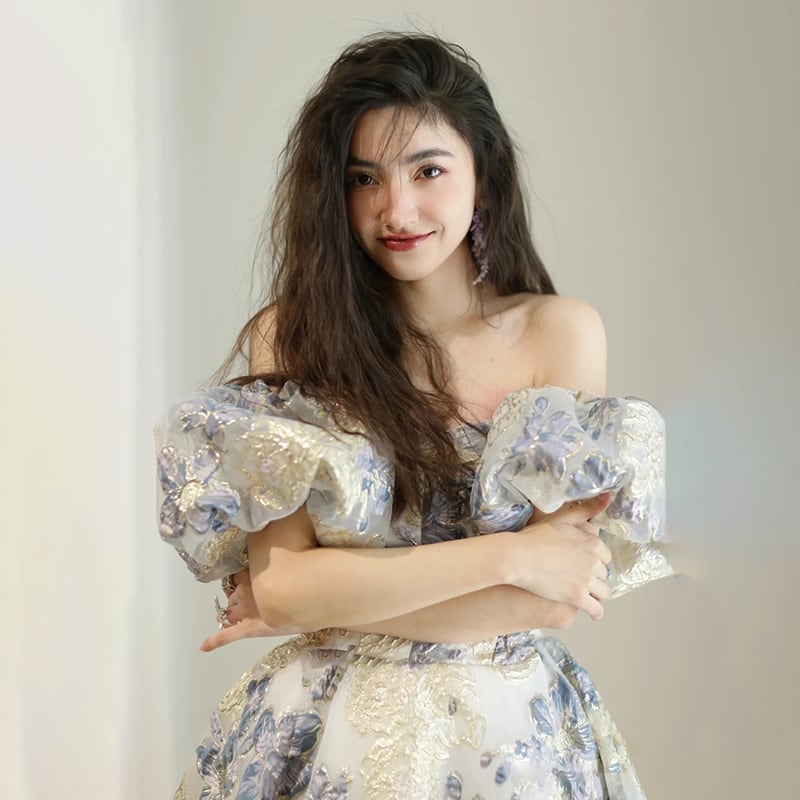 フラワープリント オフショルダーダンスドレス Ｌ オフショルダー フラワーレースドレス（W231）