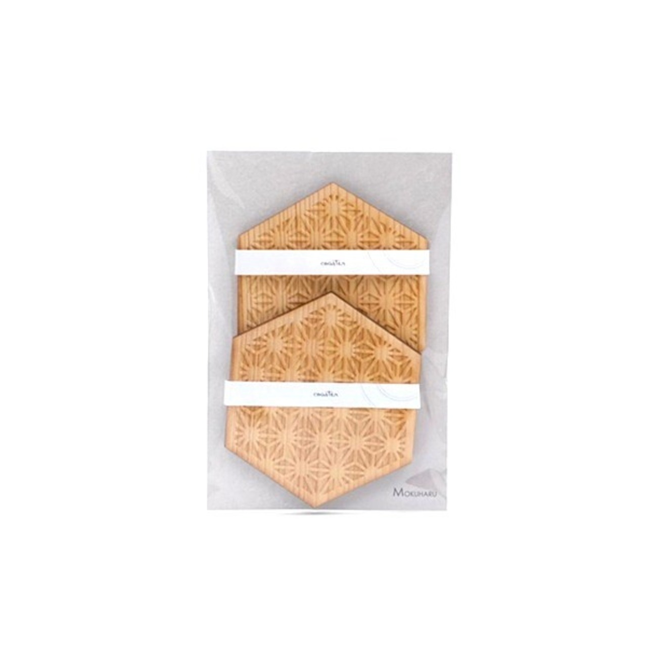 紀州材ヒノキの和柄コースター２枚入 麻の葉　六角　くりぬきなし