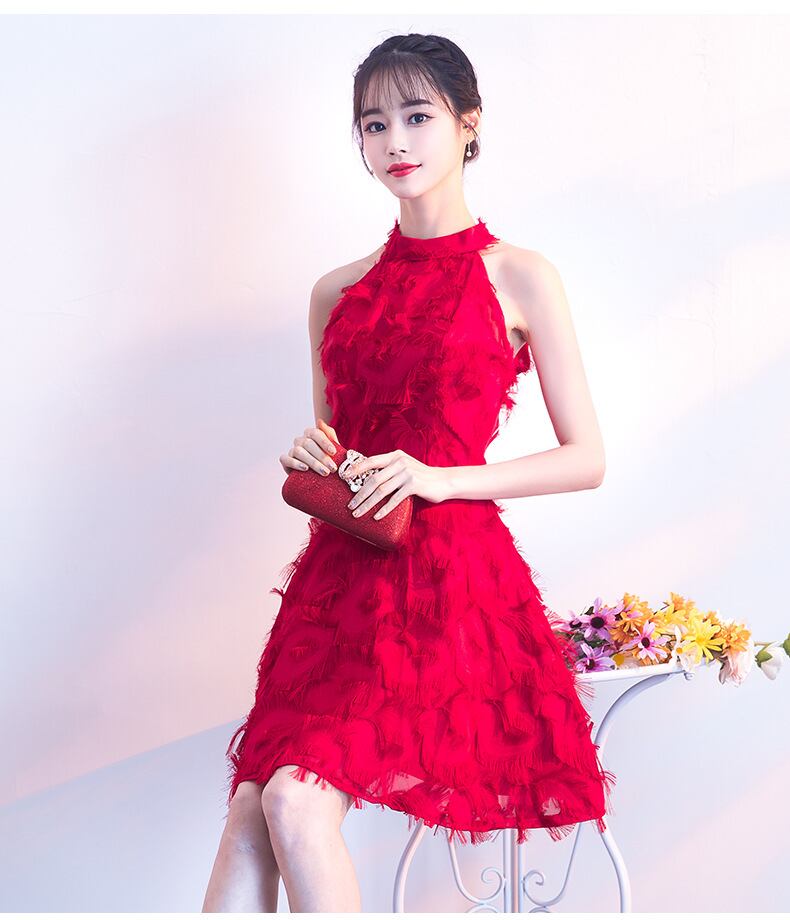 ホルターネックでスッキリ着られるミニドレス 赤 Dress Shop Tiara