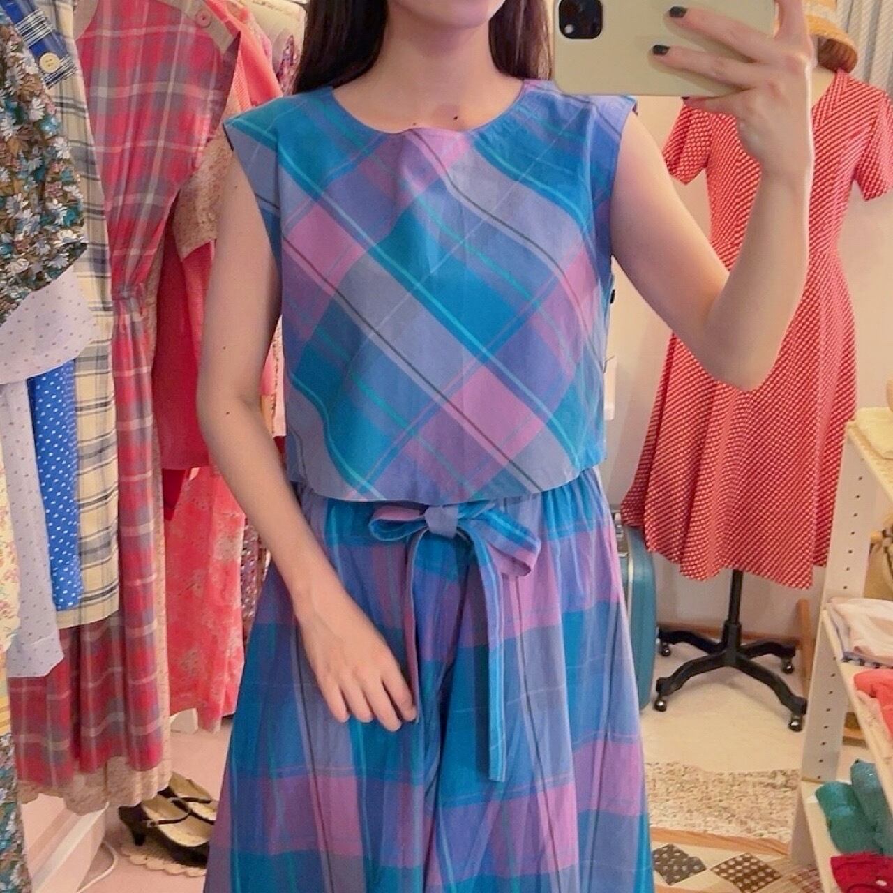 blue pink check ensemble one-piece
