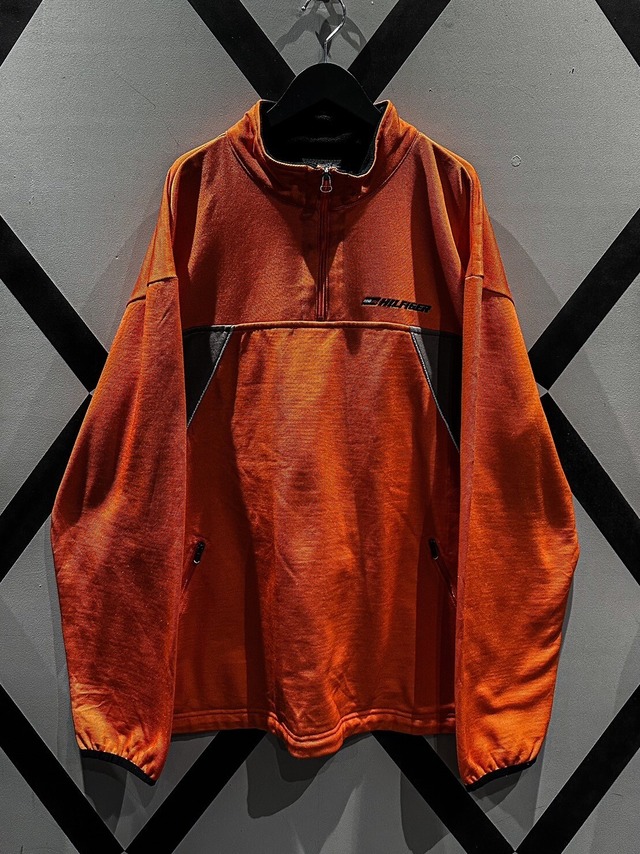 【X VINTAGE】"Hilfiger Athletics" Vivid Orange Color Loose Half Zip Pullover