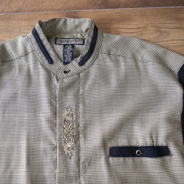 "刺繍" switching pattern fry-front band collar minimal mode shirt