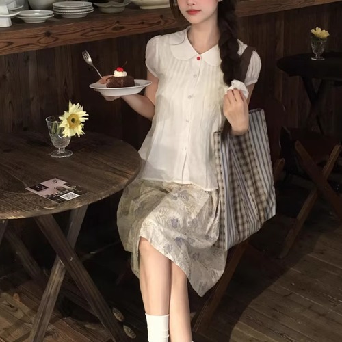 【2点セット】ラウンドカラーピンタックパフブラウス＋ボタニカルプリントスカート ・76709