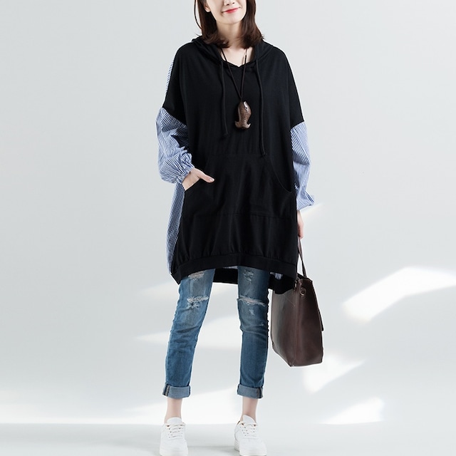 CONTRAST STITCH DESIGN TUNIC HOODIE 1color M-6163