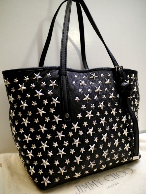 美品18万★JIMMY CHOO ジミーチュウ SASHA ☆スタッズ レザー トート バッグ S 黒x銀★ 定番の☆スタッズが可愛らしい万能モデル♪
