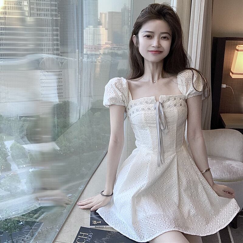 レースハイウェストウェストAラインスカート サマードレス 夏物 スクウェア ガールズファッション87884744404