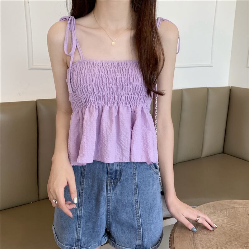 送料無料 肌見せトップスのインナーに ペプラム シャーリング キャミソール 肩リボン ギャザー フリル 可愛い インナー レイヤードコーデ Lamitte Deco トレンド 韓国ファッション ショップ Base店