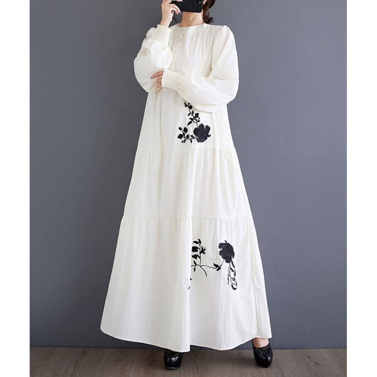 フラワー刺繍 Aライン ロングワンピース 00017