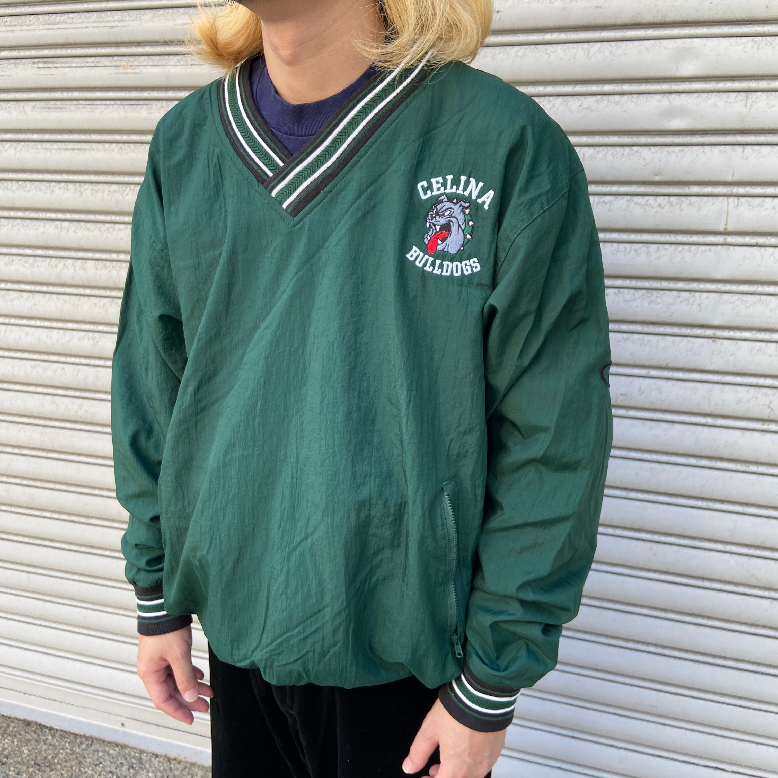 90s Champion Vネックナイロンプルオーバー チームロゴ 緑 ピステM ...