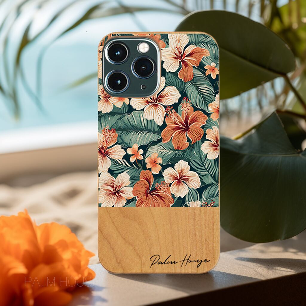 天然木♡名入れ♪レトロトロピカルフラワー グリーン iPhoneケース