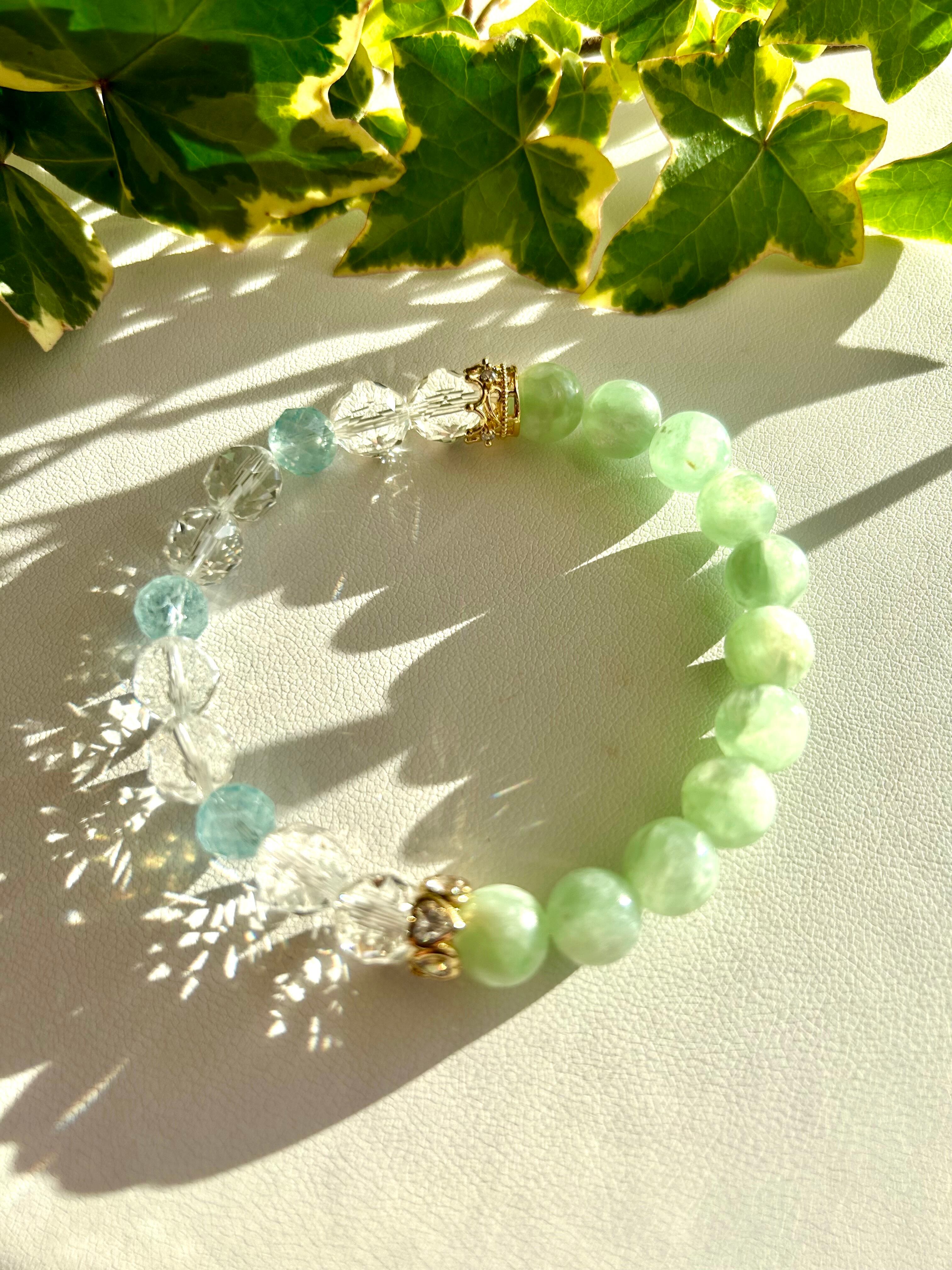 天然石パワーストーンブレスレット グリーンマイカ、水晶、アクア