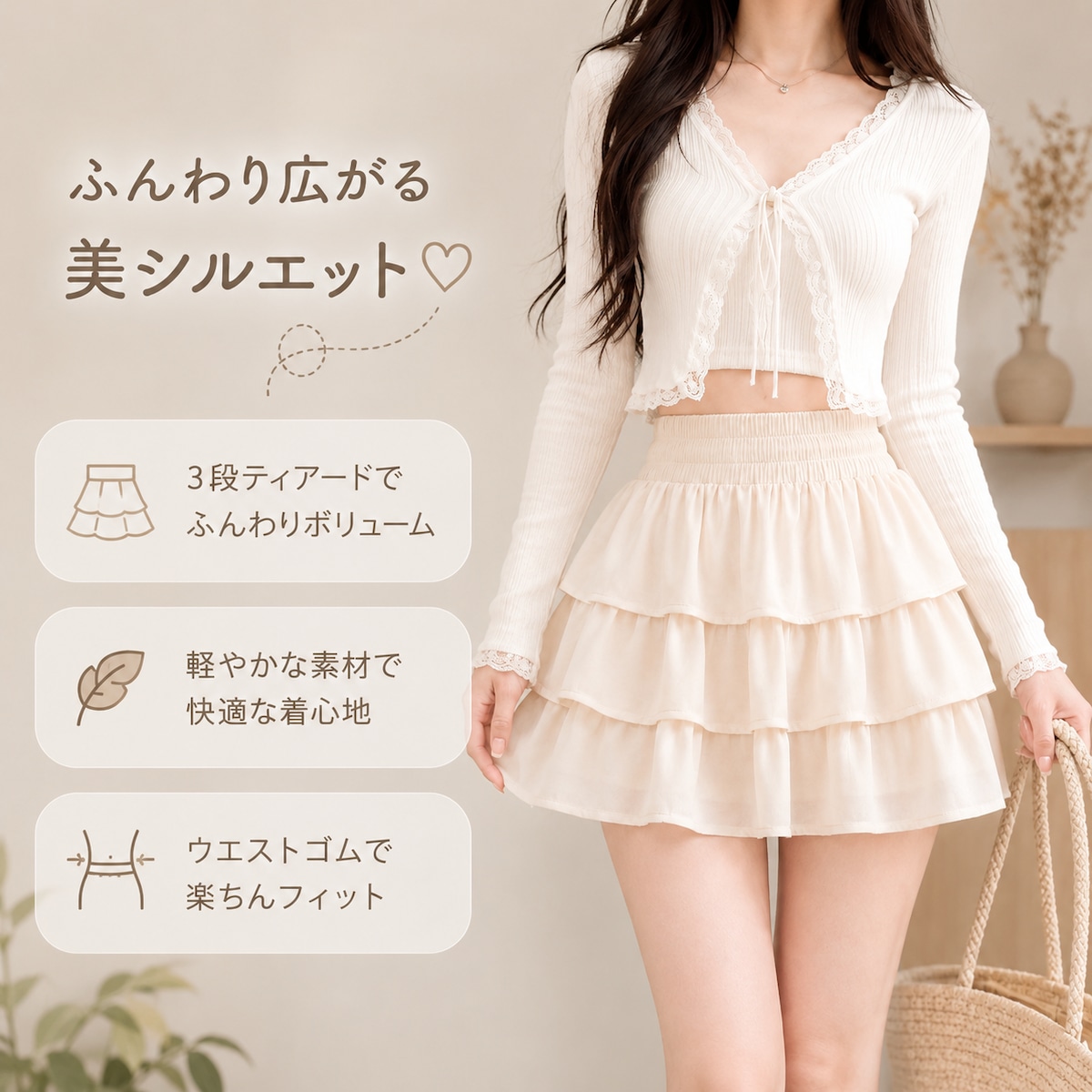 甘めな ティアード ミニスカート （3段フリル／ウエストゴム／選べる