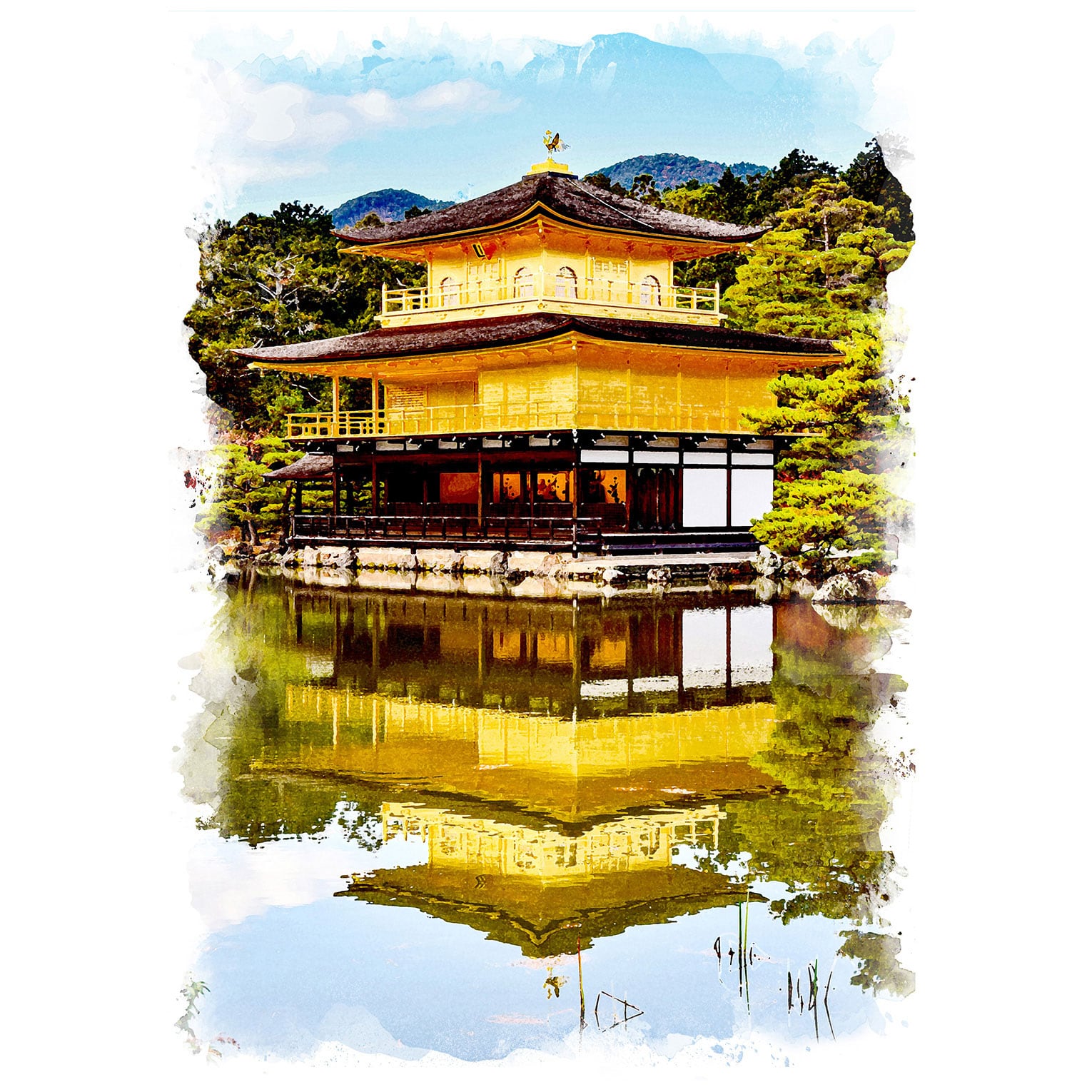 絵画 日本 京都 金閣寺の風景 インテリアアート額付き 水彩画・油絵風 