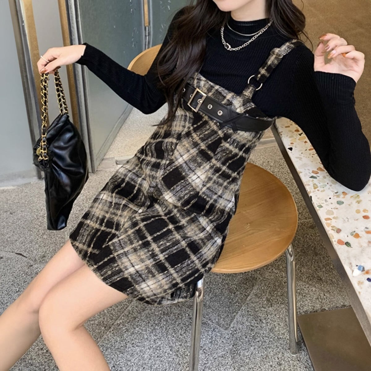 チェック柄 ワンピース 選べる2丈 ロング ショート レディース 春秋冬 韓国 キャミワンピース きれいめ おしゃれ 大人 かわいい カジュアル ジャンパースカート ミニワンピース ロングワンピース 大人可愛い 大人女子