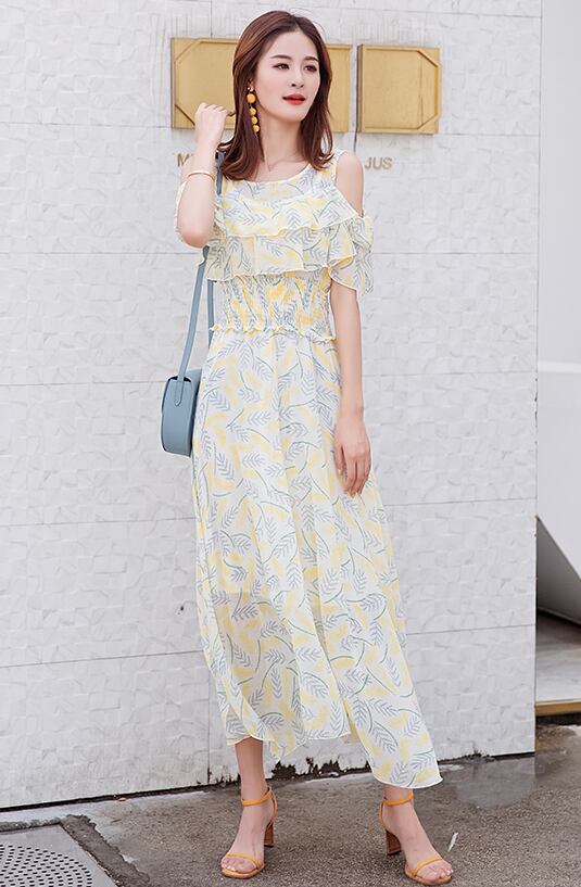 ワンピース オフショルダー ロング丈 フレアスリーブ 肩出し フレア