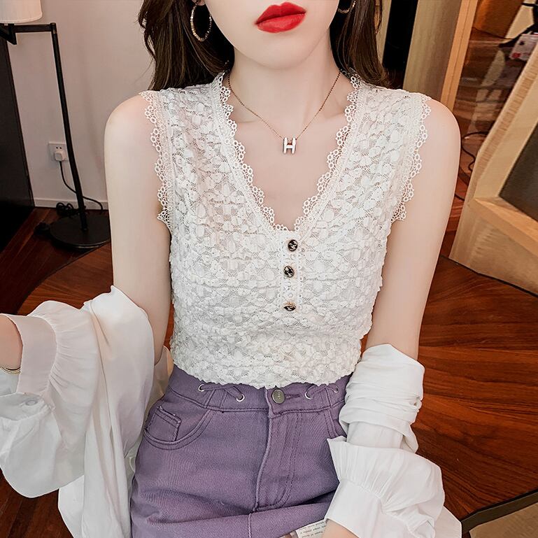 サマースタイルVネックスリムレースシャツ ノースリーブトップス 夏物 ハンチェンe2704053593
