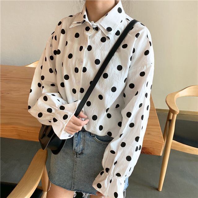 ドット柄シャツ トップス レディース シャツ 長袖 シャツカラー パフスリーブ 袖コンシャス ポルカドット レトロ クラシック カジュアル きれいめカジュアル 夏 春 Tp 0840 Y Happy Orurea ハッピーオルレア