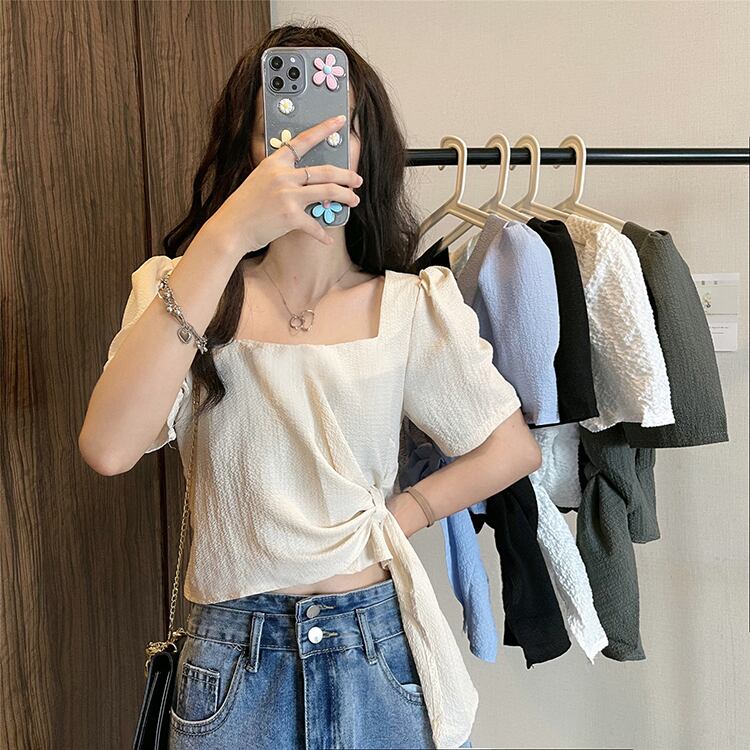 スリーブシャツ サマースタイルカラーソリッド バンドクロップドトップス 夏物 ソリッドカラー スクウェア クレセントシティ43463102123