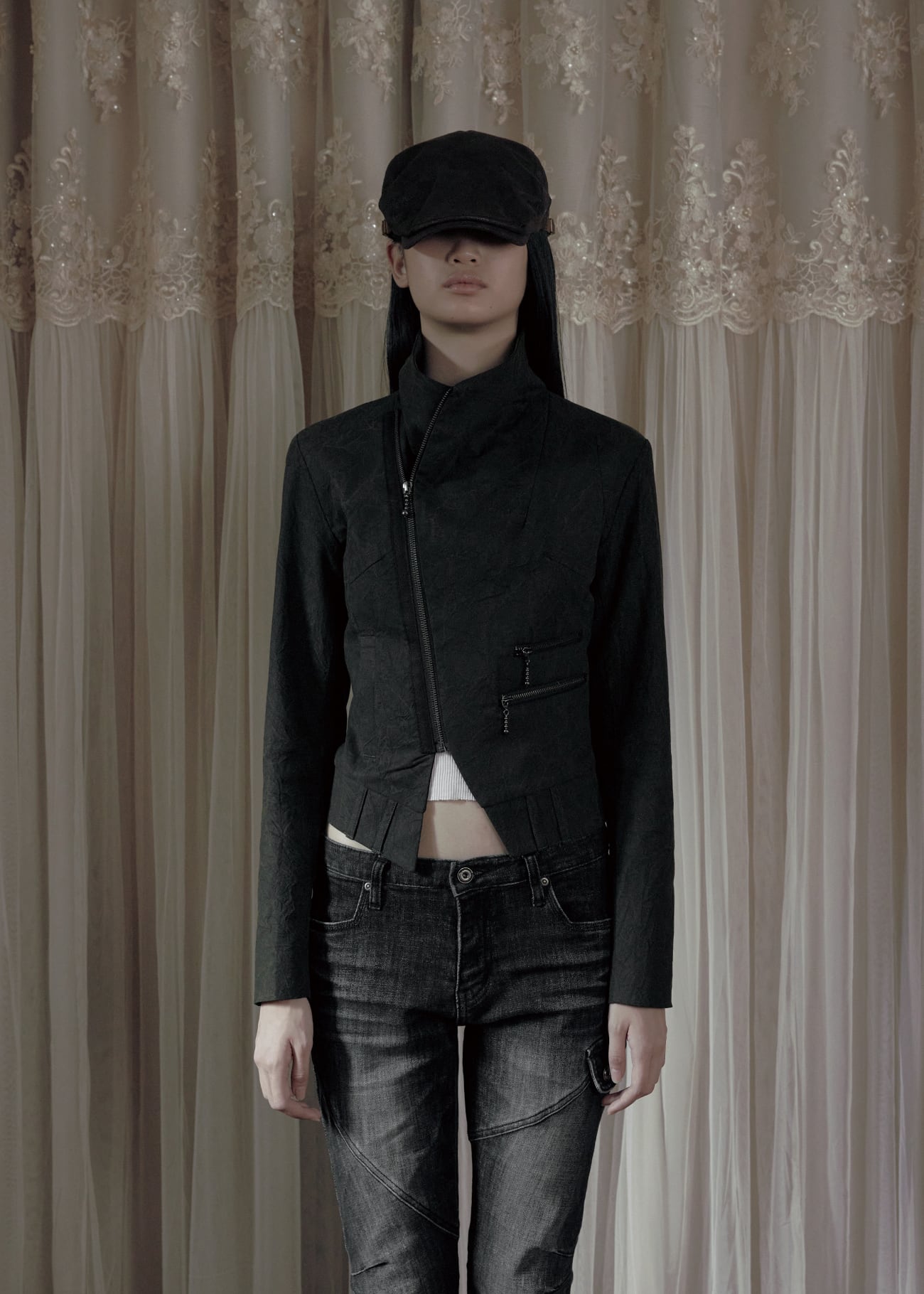 BOHEMIAN SEOUL] CREASED DIAGONAL ZIP JACKET, KHAKI BROWN 正規品