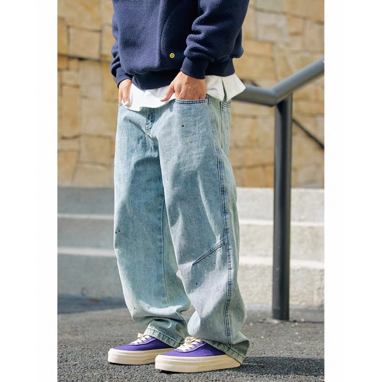 Vintage wash wide straight denim pants 1350 - 11