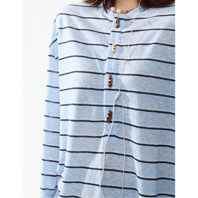 button-front blue border long tee　ボタンフロントブルーボーダーロングティー　J2106