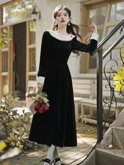 【0102】Retro Black Velvet Long Sleeve Dress