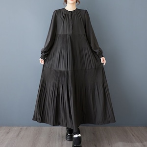 BLACK STAND COLLAR HALF BUTTON A-LINE LONG SHIRT DRESS 1color M-11981