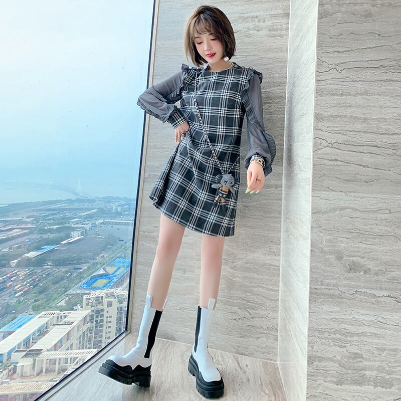 スタンダード格子柄プリーツスリーブスタイルドレス オータム ランタンスリーブ レトロ 秋物 ステッチ MIUCO23909548417