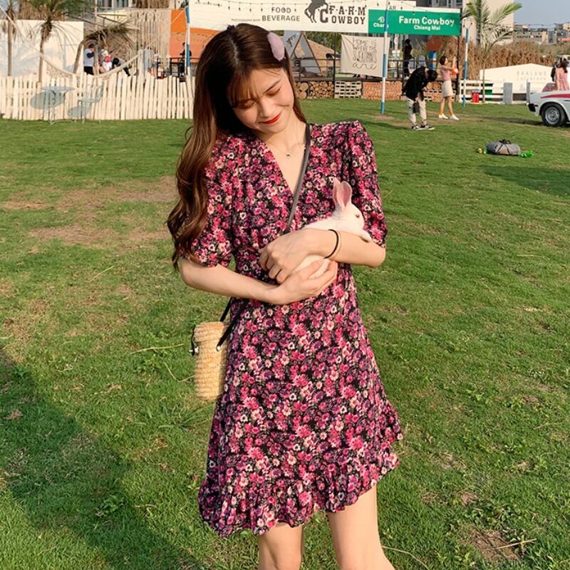 ウェストフローラルドレス レディーススプリング薄手Vネックスカート 春物 花柄 YY-ファッション54403202636