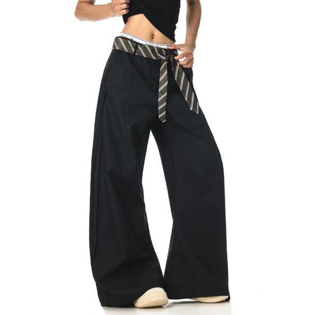 wide straight pants with striped tie　ストライプタイ付きワイドストレートパンツ　J1096