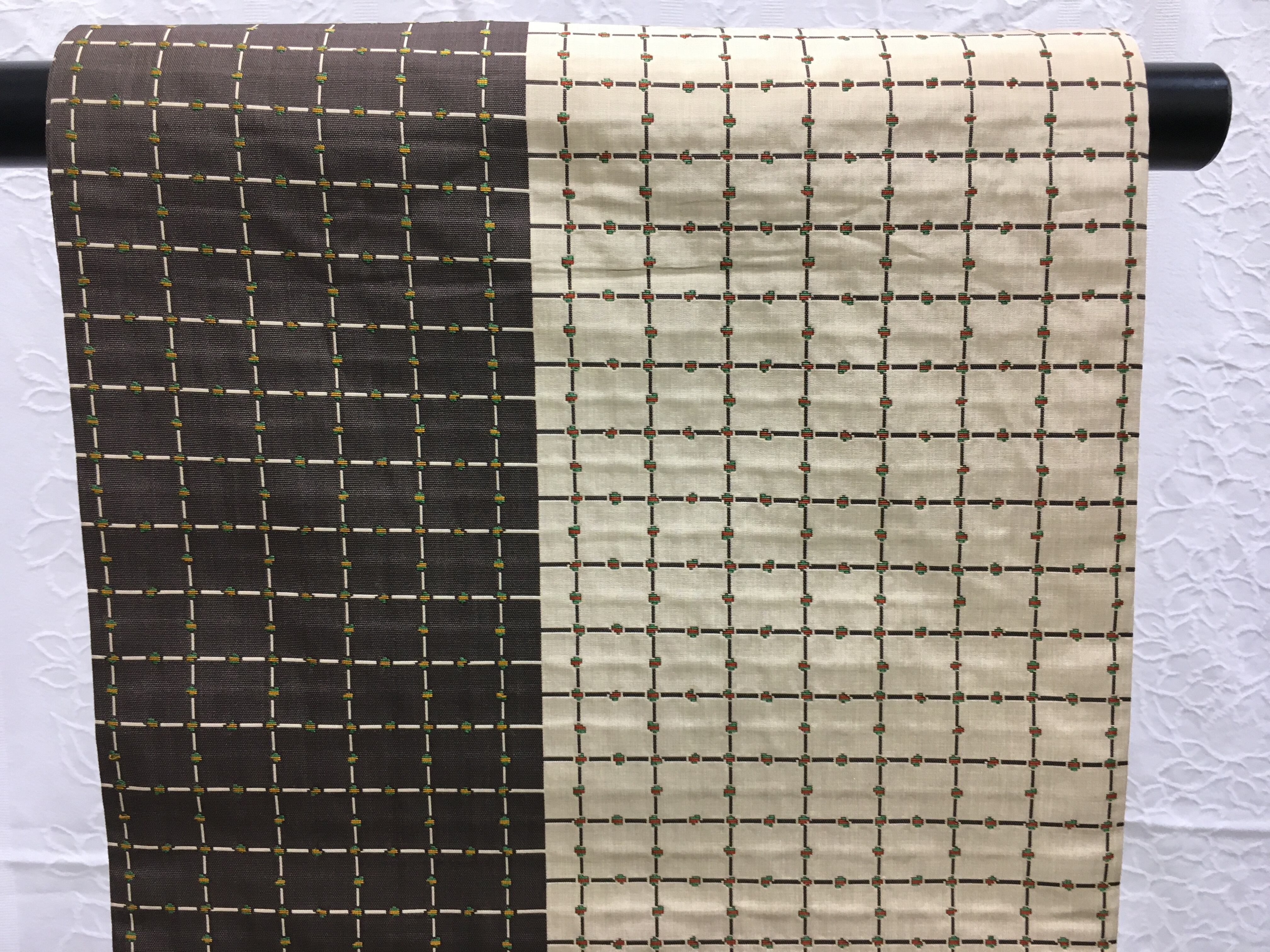 おしゃれ袋帯（ベージュとこげ茶、小格子）