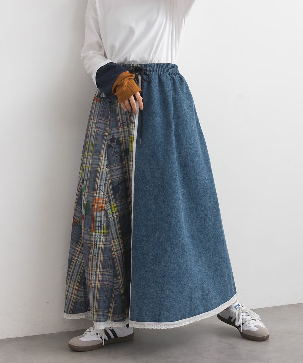 D261141 柄チェック切替デニムスカート / Denim Skirt with Printed