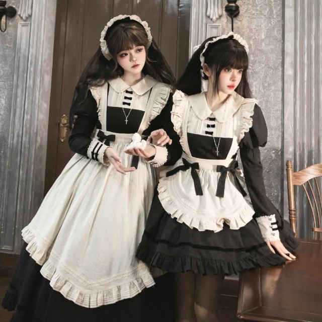 ゴスロリファッション 通販 With U 予約販売 ファッション ゴシック メイド ワンピース ロング丈 継袖 エプロン セットアップ 3点セット ゴスロリ 英国風 ロマンティック ろりぃた かわいい服 ゴスロリ好き
