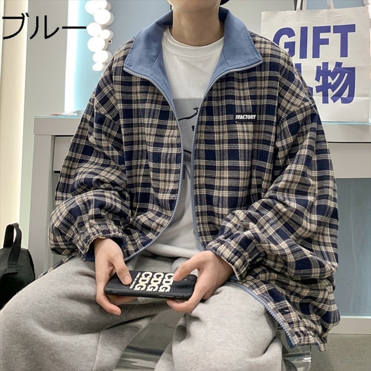 リバーシブル ブルゾン チェック柄 サイドライン オーバーサイズ 
