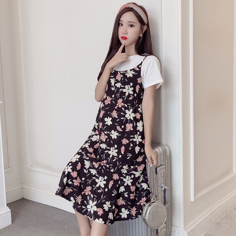 【新作】【送料無料】 901＃2PCS / Set White Tees + Flora Printed Chiffon Sundress Clothes Pregnant Women Summer Maternity Pregnancy ホワイト シフォン プリント サマー 夏物 AL expec368525411355