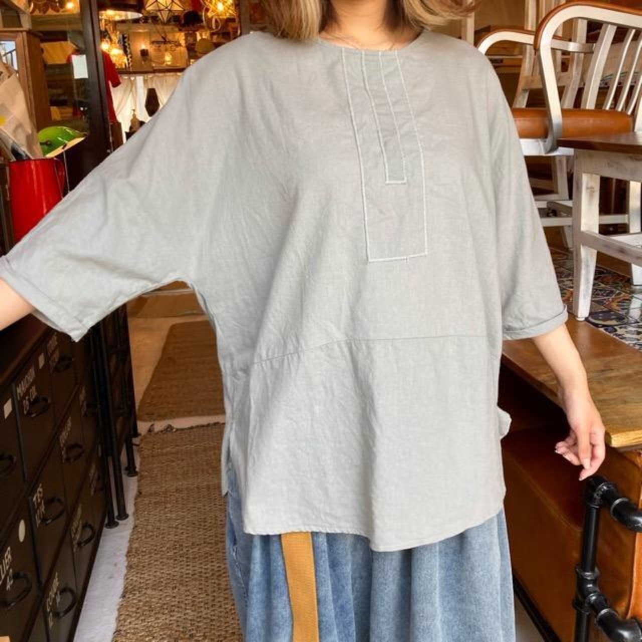 TOPANGA Lady's　フロントライン5分袖ブラウス　オリーブ