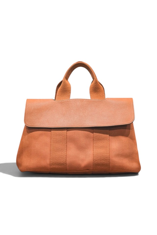 "HERMÈS" Herringbone Canvas × Leather Hand Bag — "Valparaiso" Model Size.PM Hermès Orange
