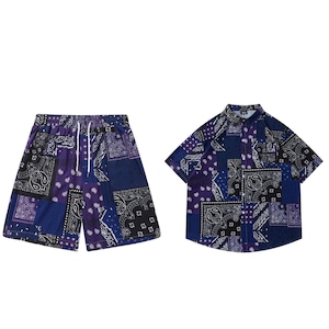 setup セットアップ トップス 柄シャツ 半袖シャツ ショートパンツ 短パン ショーパンオーバーサイズ ルーズシルエット 韓国ファッション 海外ファッション メンズコーデ ストリート
