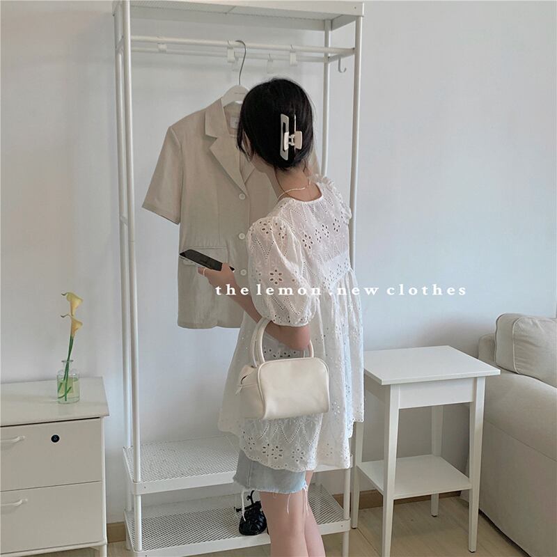 チェーン Flowerデザイン 薄手Vネックシャツ サマースタイルスリーブレースソリッド カラートップス 夏物 ソリッドカラー フラワーデザイン ビッグFスモールZ韓国82509833898