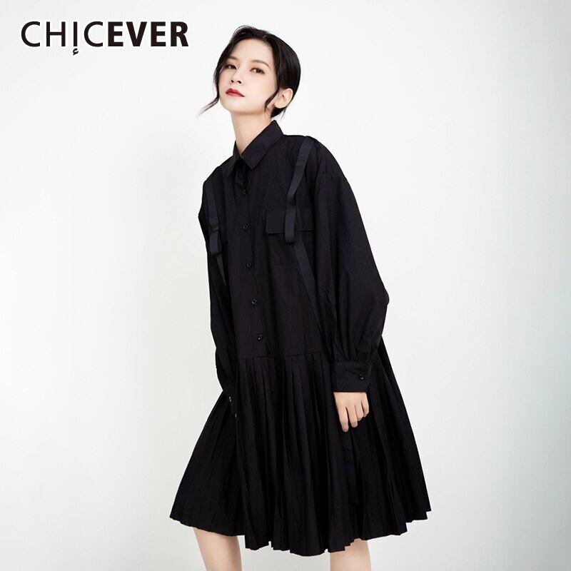 CHICEVERパッチワークドレスレディースラペルカラーランタン長袖ポケットシャーリングオーバーサイズドレス2020秋 ロング 6base574575374338